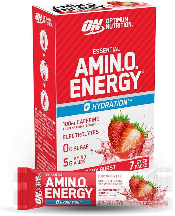 Optimum Nutrition Essential Amino Energy Plus Electrolytes Stick Packs, Energy Powder, Strawberry Burst, 7 Count