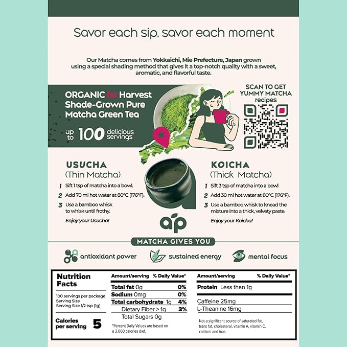 AprikaLife Organic Matcha Powder, USDA & JAS Certified, No Sugar Added, Authentic Japanese Ceremonial Grade Matcha Green Tea Powder, 3.5 oz/100g