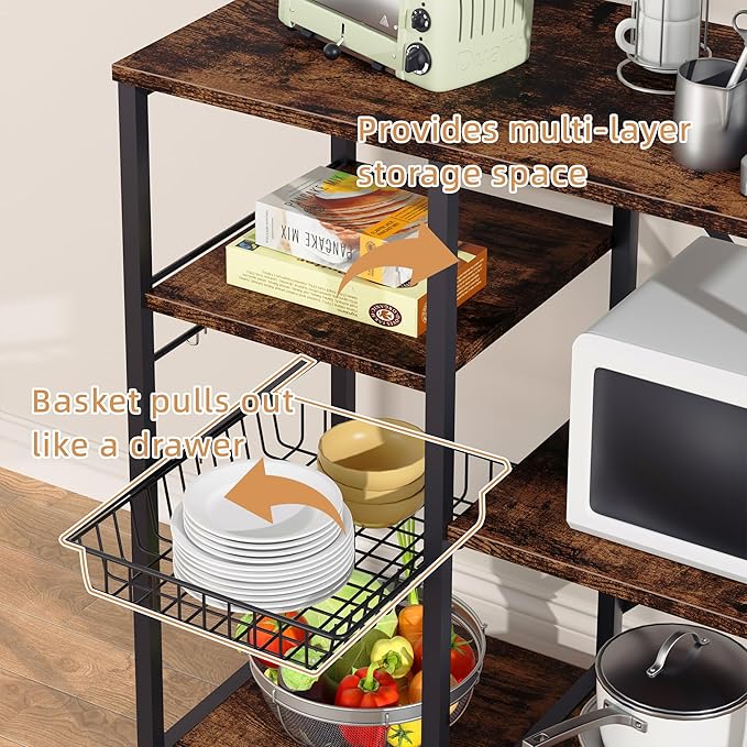 Shintenchi Kitchen Bakers Rack with Power Outlet, Multifunctional Organizer & Storage with 6 Hooks, Microwave Oven Stand, and Coffee Station Shelf, Vintage Brown