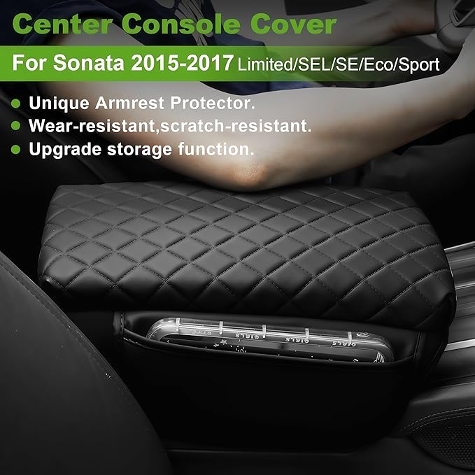 Armrest Cover for 2015-2019 Hyundai Sonata Center Console Pad with Organizer Storage Pockets, Black Faux Leather Arm Rest Lid Protector Cushion Interior Accessories