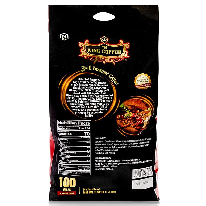 TNI King Coffee 3 in 1 Instant Vietnamese Coffee, 100 Single Serve Packets - Individual Pocket Size Sachet Sticks - Blended with Coffee, Cream Powder and Sugar - Bulk Size Pack