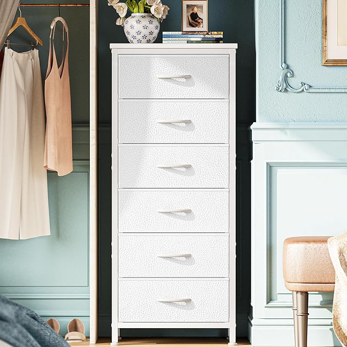 Huuger Tall Dresser for Bedroom, Stable 6 Drawer Dresser with Anti-Tip Device, PU Leather & Fabric Drawers, Tall Nightstand for Closet, Nursery, Storage Tower for College Dorm High Beds, White