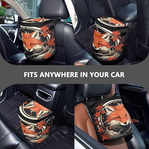 MNSRUU Car Trash Can with Lid, Fox and Flowers Car Trash Bag Hanging Organizers and Storage for Front Back Seat, Leak-Proof Trash Bin
