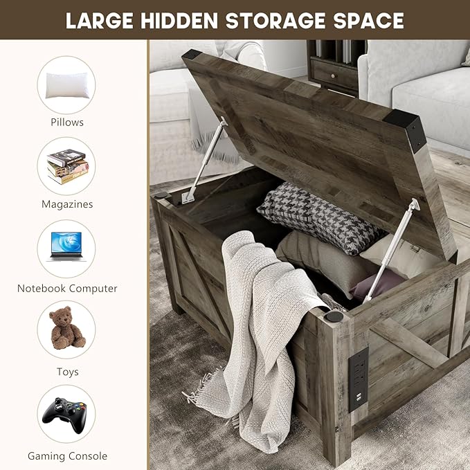 Farmhouse Lift Top Coffee Table with Storage, Wood Square Center Table with Charging Station&USB Port, Living Room Table w/Large Hidden Space, for Living Room, Bedroom, Home Office, Grey