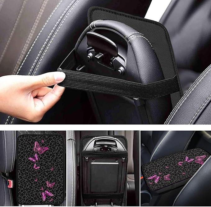 Black Leopard Butterfly Car Center Console Cover,Car Armrest Cover Cushion,Universal Butterfly Car Accessories
