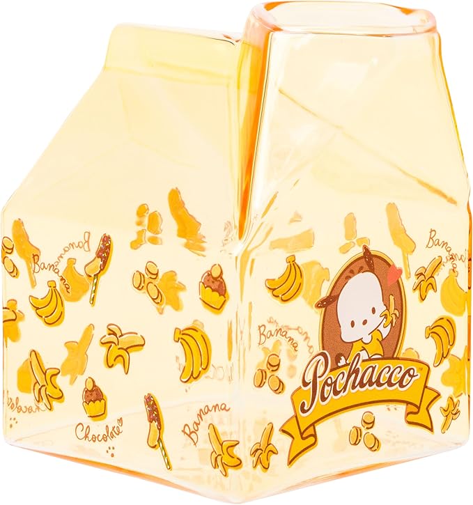 Silver Buffalo Sanrio Hello Kitty and Friends Featuring Pochacco Bananas Yellow Glass Milk Cup, 11.9 Ounces