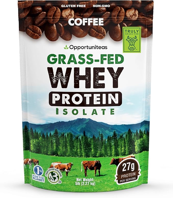 Opportuniteas Grass Fed Coffee Whey Protein Isolate Powder - 27g Protein Powder Without Artificial Sweeteners, 60mg Caffeine, Hormone-Free Cows - 5lb