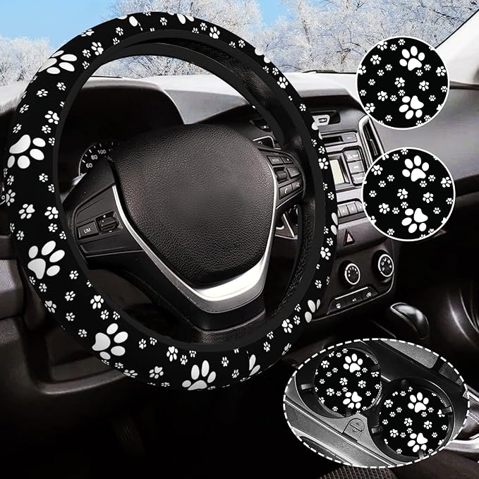 Paw Print Steering Wheel Cover for Women Men with 2 Pcs Car Coasters, Universal 14.5-15 Inch Cute Steering Wheel Covers Non-Slip Car Accessories for Girls