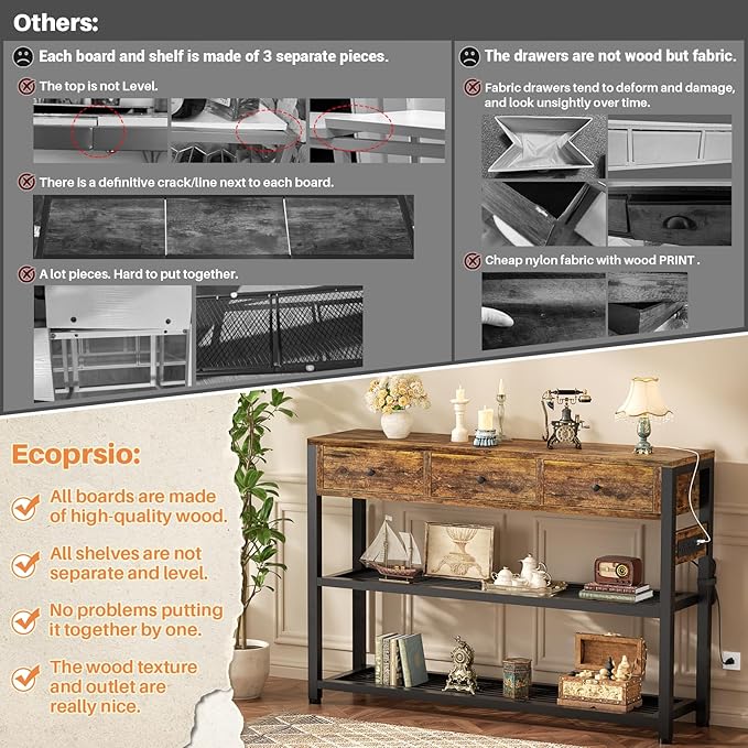 Ecoprsio 47'' Entryway Table with Outlets and USB Ports, Console Table with 3 Drawers, Sofa Table Narrow Long with Storage Shelves for Living Room, Couch, Hallway, Foyer, Kitchen Counter, Rustic Brown