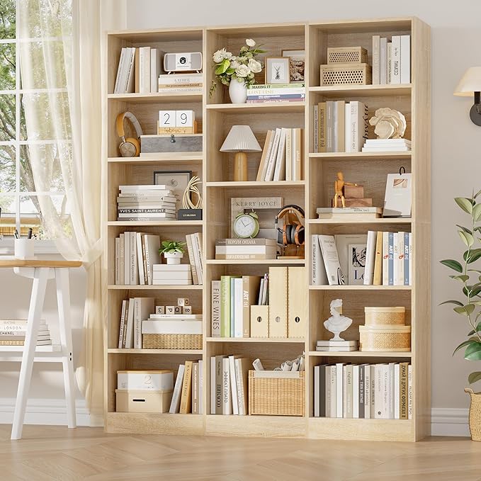 FACBOTALL Triple Wide Bookshelf, 6 Tier Large Bookshelf, Bookcase with 17 Open Display Shelves, 74'' Tall Bookcases and Bookshelves for Living Room, Home Office, Library, Light Oak