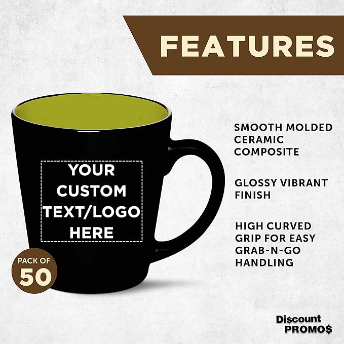 Custom Ceramic Coffee Latte Mugs 12 oz. Set of 50, Personalized Bulk Pack - Perfect for Coffee, Tea, Espresso, Hot Cocoa, Other Beverages - Lime Green