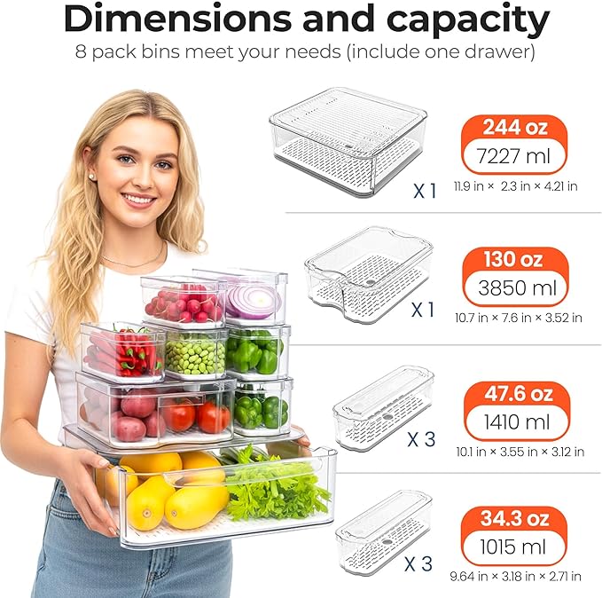 SMRCAD Refrigerator Organizers and Storage, 8 Pack with 1 Pull-Out Drawer and 7 Lidded Bins, Fruit Storage Containers for Fridge with Drain Trays, Helps Keep Produce Fresh