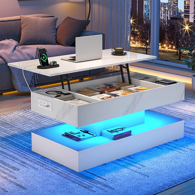 39.4" Large Lift Top Coffee Table, Modern LED High Glossy Coffee Table with Charging Station, Lights, Hidden Compartment Storage, Lift Center Tables for Living Room, Home Office, White