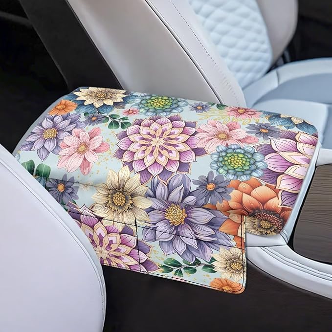 Dreaweet Car Center Console Cover Boho Floral Print Arm Rest Cover for Women Soft Thick Center Console Armrest Pad with Pockets Soft Comfortable Car Armrest Storage Box Mat