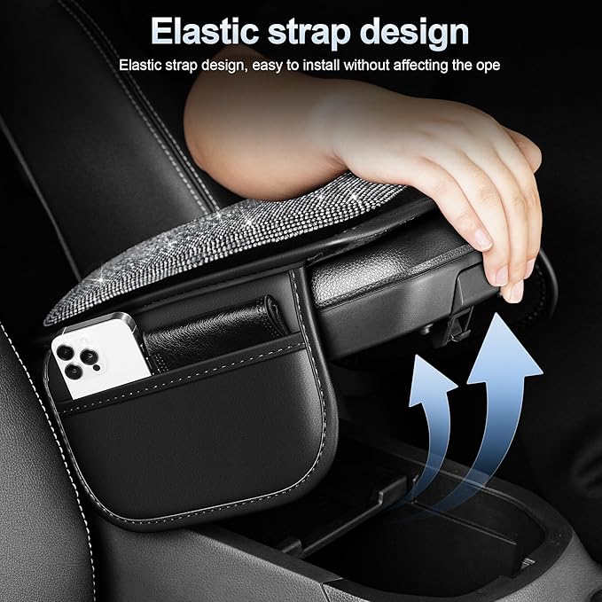 Center Console Cover for Lacrosse: Diamond Auto Middle Console Cover - Crystal Rhinestone Armrest Cover for Car with 2 Storage Bags,Anti-Scratch Auto Armrest Pad Accessory （Black