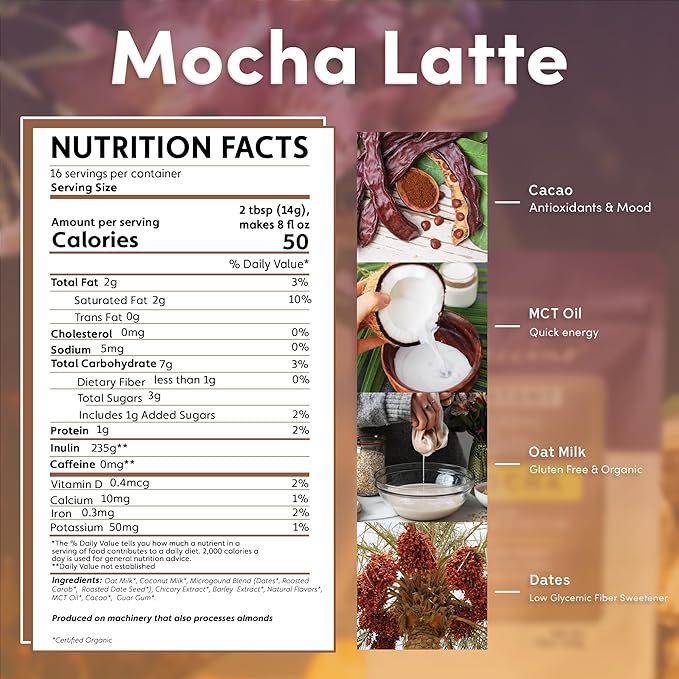 Teeccino Organic Instant Mocha Herbal Latte – 14 Servings – Creamy Oat & Coconut Latte Plus MCT Oil with Chocolaty Cacao & Dates Accenting Roasted Chicory – Prebiotic, Caffeine-Free – 7.9 ounces 
