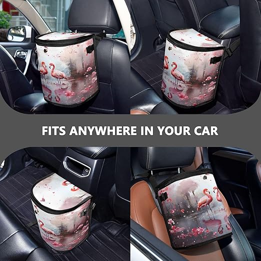MNSRUU Car Trash Can with Lid, Flamingos and Flowers Car Trash Bag Hanging Organizers and Storage for Front Back Seat, Leak-Proof Trash Bin