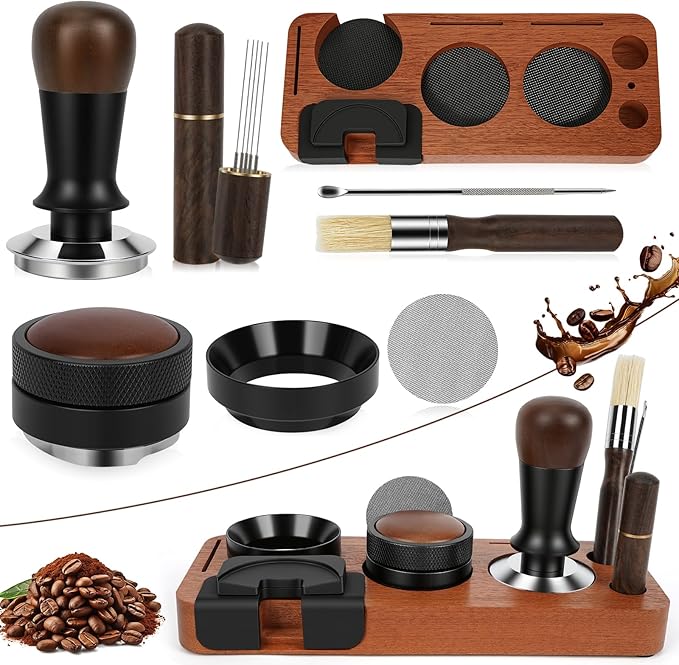 8 PCS Espresso Accessories Kit, 51mm Espresso Tamper Kit Coffee Tamper Set with Coffee Distributor, Espresso Tamping Station, Espresso WDT Stirrer, Puck Screen,Dosing Funnel