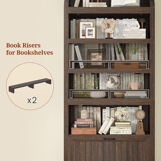 81" Tall Arched Cabinets,Bookcase with Drawer storage,Mid-Century Modern 5-Tier Bookshelf,2 Book Risers and Adjustable Shelves offering more storage space for Living Room,Kitchen,Home Office,Walnut