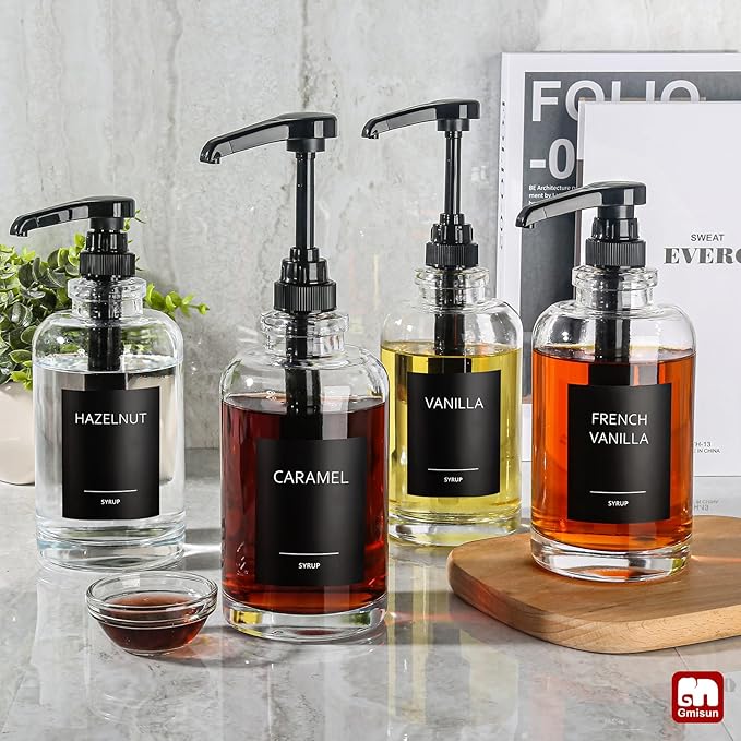 Coffee Bar Accessories, Syrup Dispenser With 1/4oz Large Capacity Pump - Glass Pump Dispenser for Station, Organizer, 4 Pack