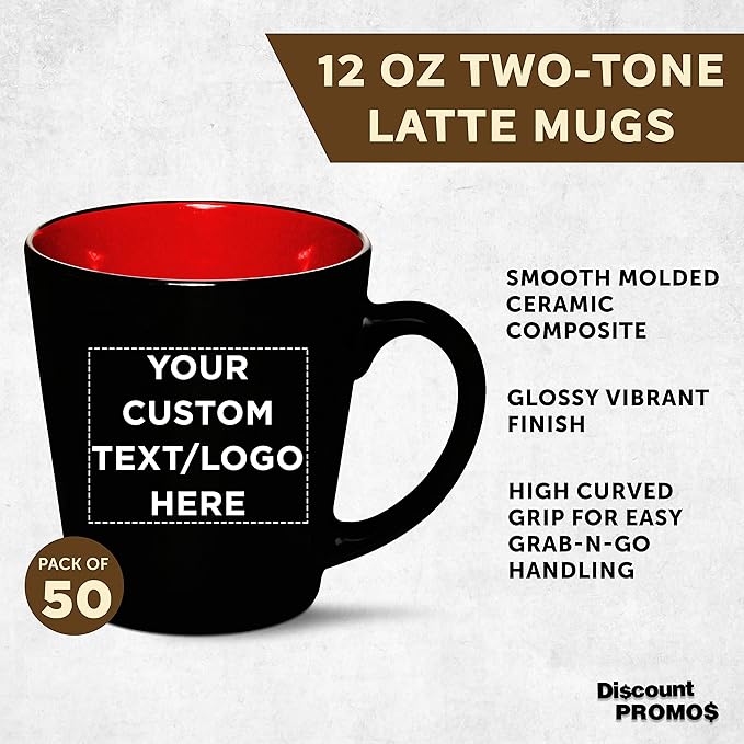 Custom Ceramic Coffee Latte Mugs 12 oz. Set of 50, Personalized Bulk Pack - Perfect for Coffee, Tea, Espresso, Hot Cocoa, Other Beverages - Red