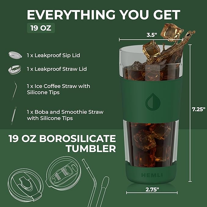 19 oz. Clear Double Wall Glass Coffee Tumbler, To Go Glass Travel Mug with Lid and Straw, Reusable Cup Tea, Smoothies, Ice Coffee, and Boba