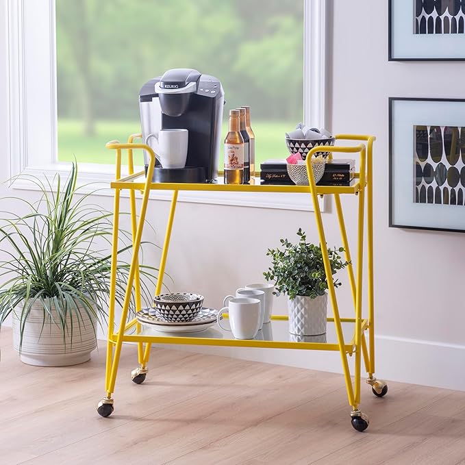 Gina Yellow Mid Century Bar Cart with Mirrored Shelves by Linon