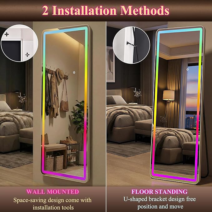 VooBang 64"x21" RGB LED Full Length Mirror, Floor Body Dressing Mirror with RGB Color Changing Lights, Standing Leaning Wall Mounted for Bedroom, Living Room