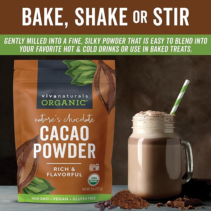Organic Cacao Powder, Unsweetened, 8 oz (227 g) – Rich Dark Chocolate Flavor, Perfect for Baking, Smoothies & Hot Chocolate – Vegan, Keto, Paleo, Non-GMO & Gluten-Free Cocoa Powder