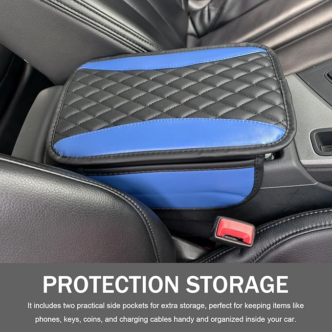 Car Center Console Cover, Patchwork Leather Armrest Cover Cushion with 2 Storage Bag, Waterproof Comfortable Auto Arm Rest Pad, Universal Center Console Protector for Sedan, SUV (Blue)