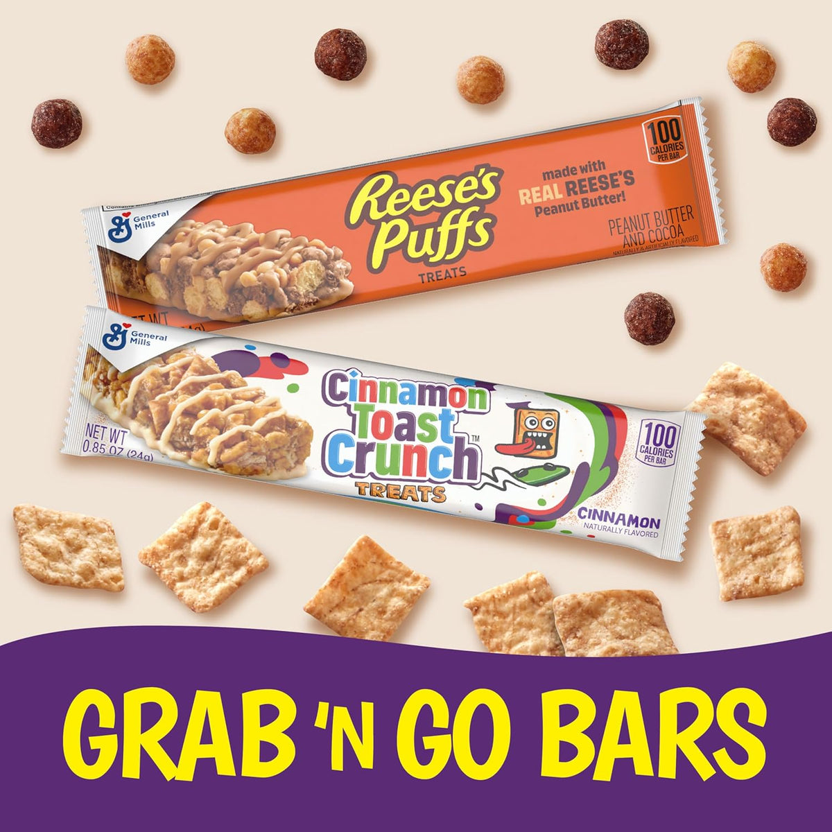 Cinnamon Toast Crunch and REESE'S PUFFS Cereal Treat Bars, Snack Bars, Value Pack, 28 Ct, 23.8 oz