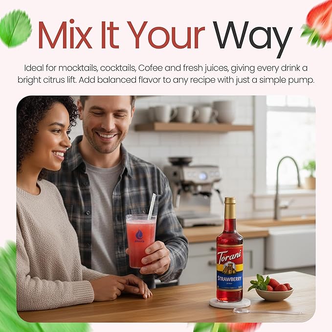 Jimoco Barista Set – Torani Strawberry Syrup 25.4 oz, Jimoco Pump, Reusable Cup, Straw & Stirrer – Coffee, Italian Soda & Cocktail Flavoring Kit