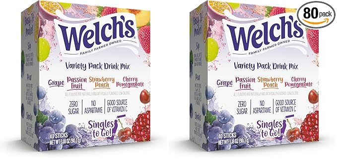 Welch's Singles To Go Variety Pack, Watertok Powdered Drink Mix, Includes 4 Flavors, Grape, Passion fruit, Strawberry Peach, Cherry Pomegranate, 1 Box (40 Servings) (Pack of 2)