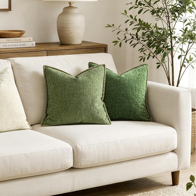MIULEE Pack of 2 Euro Sham Pillow Covers 24x24 Inch Sage Green Farmhouse Decorative Throw Pillow Covers with Stitched Edge Soft Chenille Solid Dyed Summer Pillow Covers for Bed Sofa Couch Living Room