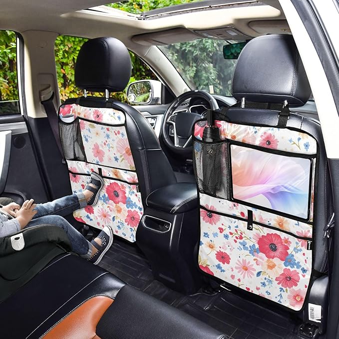 JIPONI Car Backseat Organizer, Color Red Flower Automotive Back Seat Protector, Kick Mats with Storage Pockets for Kids Pets, Road Trip Accessories (2 Pack)