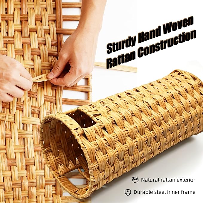 Rattan Umbrella Stand with Drip Tray - Hand Woven Freestanding Entryway Umbrella Holder, Small Rattan Rack Organizer with 4 Hooks for Folding Umbrellas & Canes, 7.5" L x 7.5" W x 16.5" H