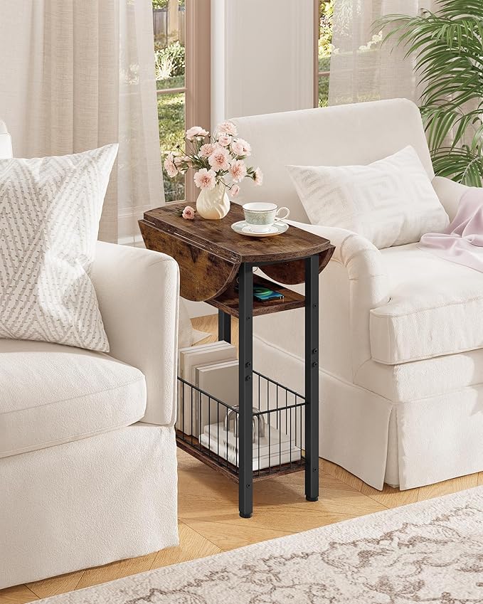 Folding Side Table, Side Table with Charging Station, 3-Tier Narrow End Table with Folding Top, Round Side Table for Small Spaces, for Living Room, Bedroom, Rustic Brown TBZ10UBF