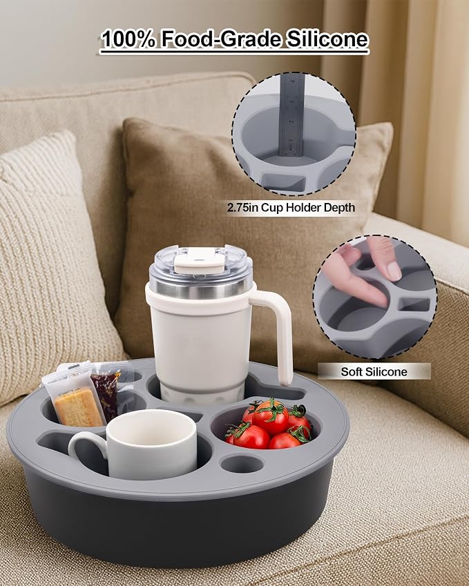 Couch Cup Holder Tray Round, Bonfixe 4-Cups Bedside Drink Holder for Elderly/Pregnancy, Stable Non-Spill Silicone Couch Caddy for Remote Control, Glasses‌, Snacks, Phones‌ (Black-Gray)