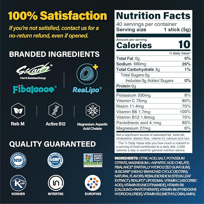 40 Sticks Salty Fruit Flavor Sugar Free Electrolyte Hydration Packets, Electrolyte Powder Drink Mix, Liquid Daily IV Flavors | 9 Vitamins & Nutrients | 2 Hydration Factors