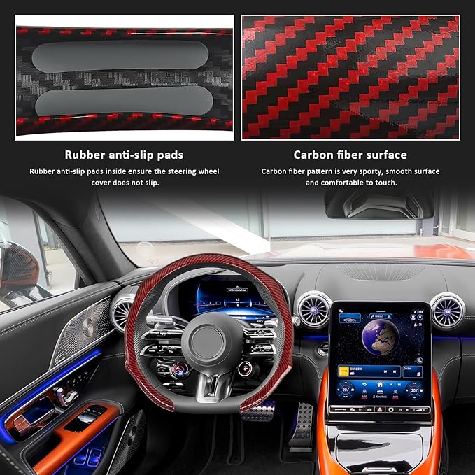 Sun Walker Carbon Fiber Car Steering Wheel Cover, 15" Anti-Slip Wear-Resistant Steering Wheel Protector Stylish Interior Decor, Ultra-Thin Comfortable Leather Wheel Cover for Women Men (Red)
