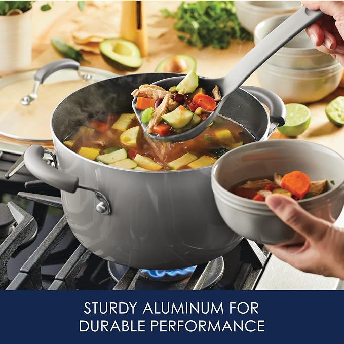 Rachael Ray Cookware Classic Brights Hard Enamel Aluminum Nonstick Cookware Set, 14-Piece, Sea Salt Gray
