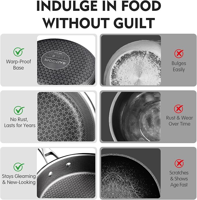 SNOWCLAD Pots and Pans Set Non Stick, 10 Pcs Hybrid Stainless Steel Cookware Sets, Non Stick Frying Pans, Saucepans, Saute Pan & Stock Pot, PFOA Free Kitchen Skillet,Induction Compatible