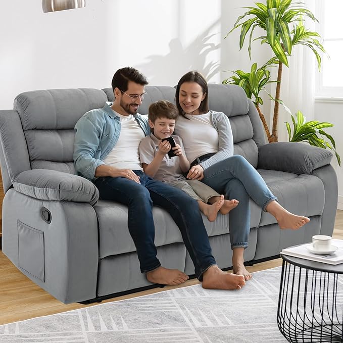 Reclining Sofa Set 3 Seater Couch Recliner, Velvet Wall Hugger Recliner Sofas for Living Room, RV, Home Theater Seating(Grey, 3 Seater Sofa)