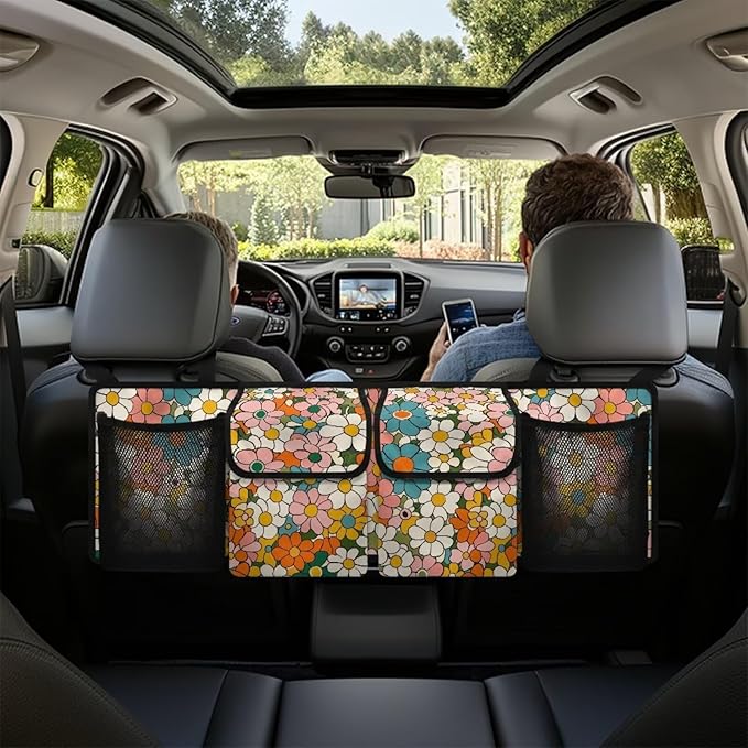 Hippie Flower Car Trunk Organizer and Storage, Large Capacity Backseat Hanging Storage Car Accessories, Backseat Car Organizer for SUV/MPV/Truck