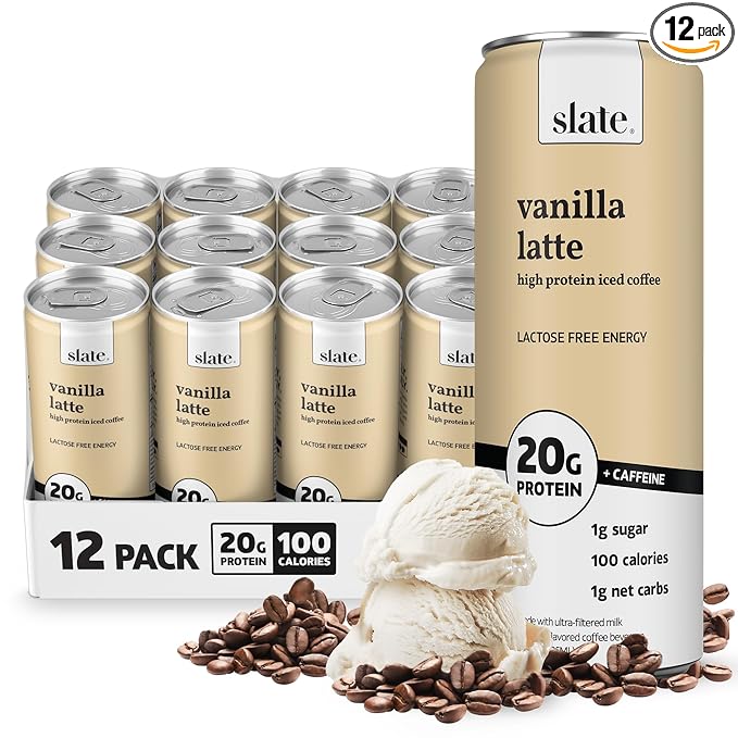 Slate Milk - High Protein Iced Coffee - Vanilla Latte - 175mg Caffeine, Lactose Free Energy - 20g Protein, 1g Sugar, 100 Calories, 1g Net Carbs, No Sugar Added - Protein Coffee - 11 fl oz, 12 Cans