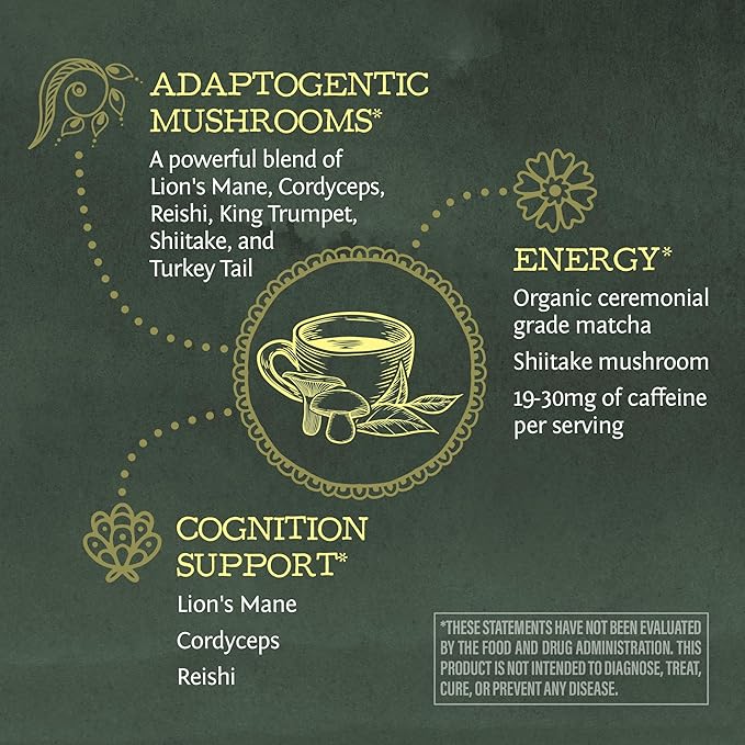 Sunwarrior Organic Matcha Mushroom Powder Supplement | Mushroom Matcha Coffee Alternative Blend of Ceremonial Grade | 90g Pouch 30 Servings Be Well
