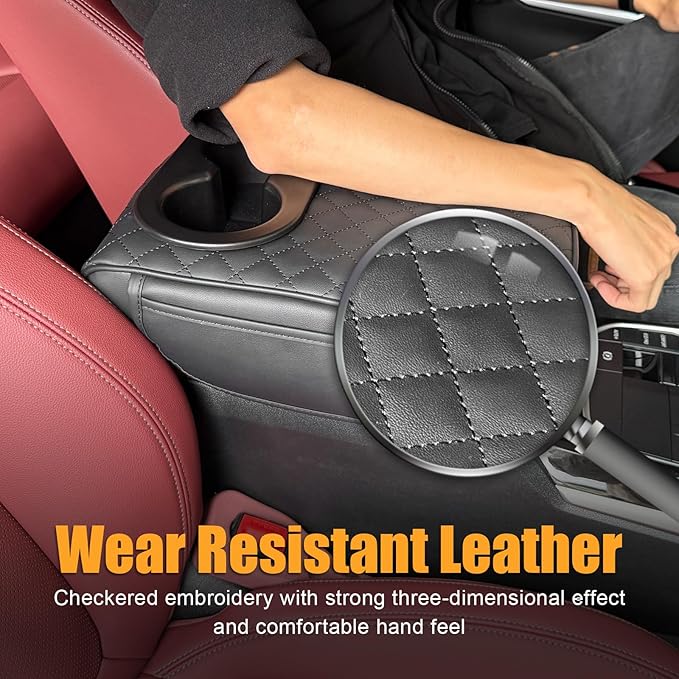 MAIKER Auto Center Console Armrest Pillow for Universal Car, PU Leather Car Armrest Cushion with Cup Holder and 2 Side Storage Bag, Armrest Box Cover Protector