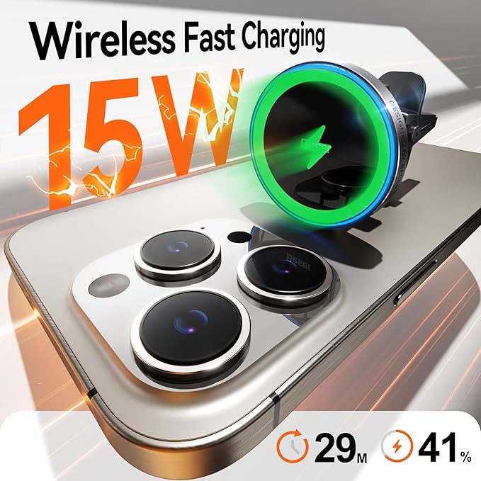 Beser for MagSafe Car Charger Mount, 15W Magnetic Wireless Qi Charger & Phone Holder, Dashboard/Vent Mount for iPhone 16/15/14/13/12 Mini Pro Max, Aluminum Alloy, Black