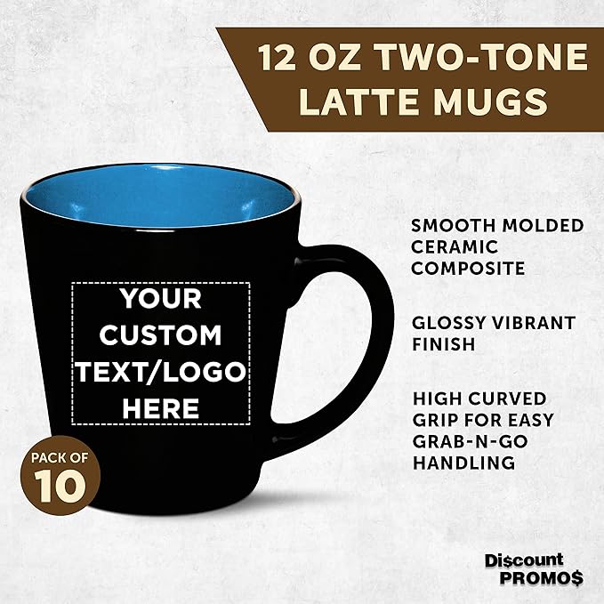 Custom Ceramic Coffee Latte Mugs 12 oz. Set of 10, Personalized Bulk Pack - Perfect for Coffee, Tea, Espresso, Hot Cocoa, Other Beverages - Blue