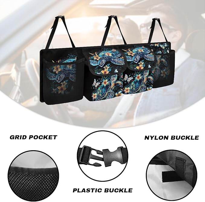 CLOHOMIN Blue Sea Turtle Trunk Organizer for SUV Sedan Auto Hibiscus Car Trunk Organizer Hanging Car Storage Bags Collapsible Cargo Bag with 4 Pockets Car Decor Accessories Gifts